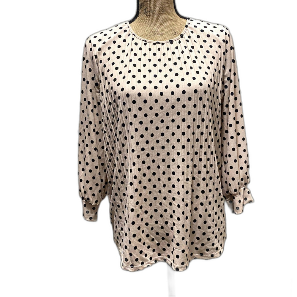 Adrianna Papell Pleated Polka Dot Long Sleeve Blouse Pink Black Feminine Medium